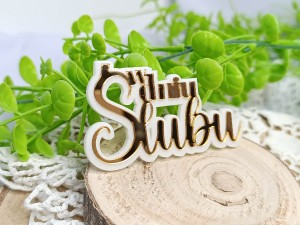 Napis W DNIU ŚLUBU złote lustro, podkładka pastelowa pleksi - wybór koloru  WL102